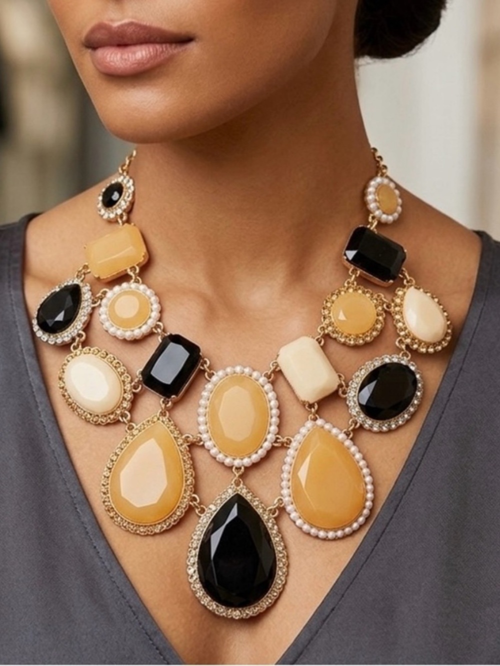 Y2K Kate Spade Black and Gold Bib Jeweled Statement Necklace, 21”